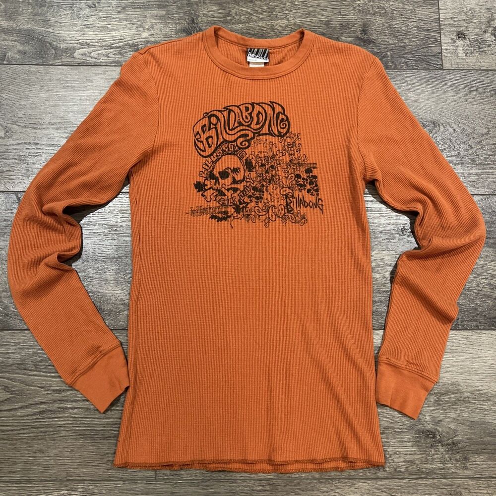 Vintage Y2K Billabong Thermal Shirt Orange Skull Graphic Waffle Knit Mens Medium
